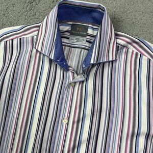 Thomas Dean Mens Blue Pink White Stripe Check Flip‎ Cuffs LS Collar Shirt Size M